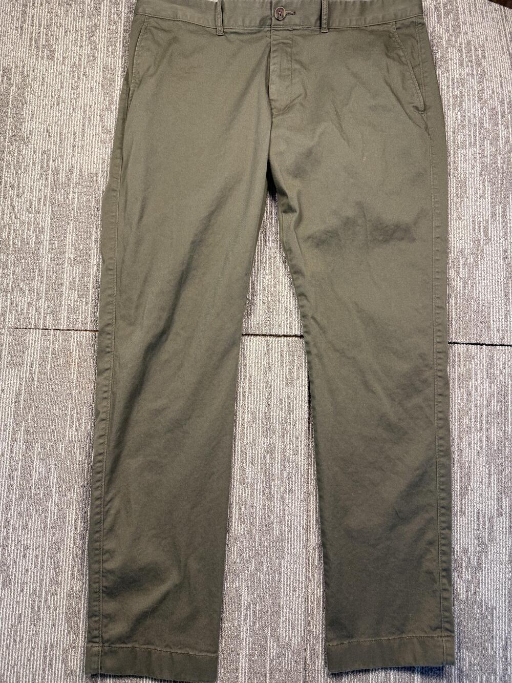 J Crew Flex Pants Mens 35x32 Green Stretch Chino Flat Front Tapered Leg Casual